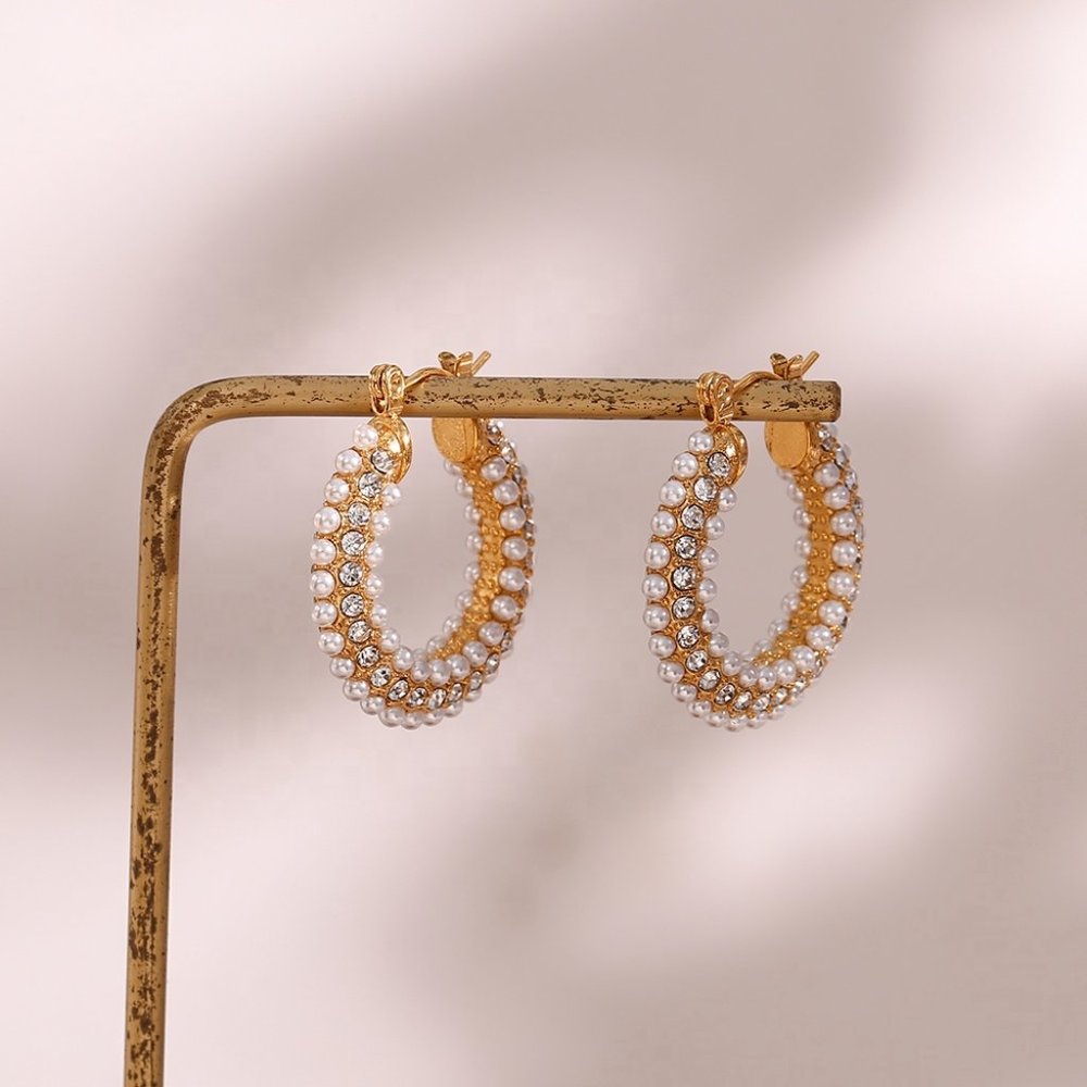 Zircon & Imitation Pearl Hoop Earrings 18K Gold Plated Stainless Steel - Picture 9 of 10